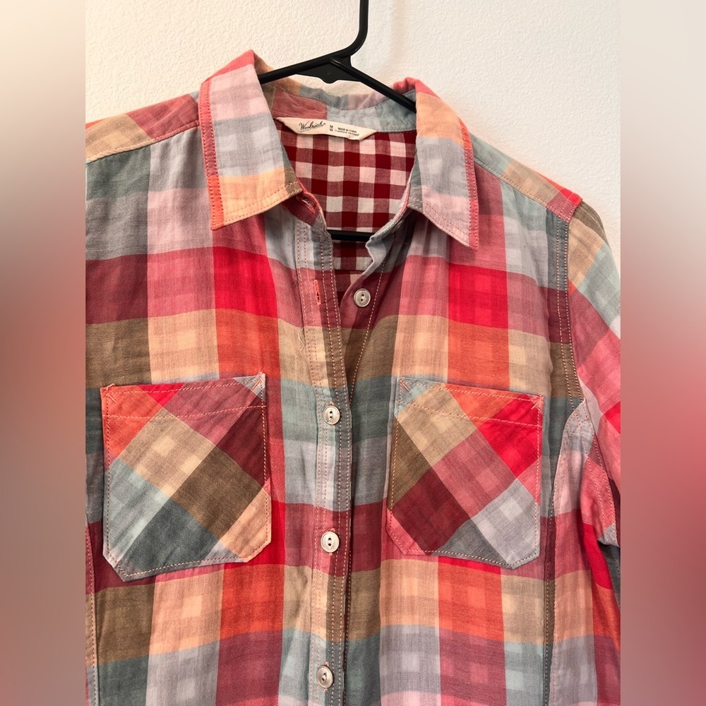 Woolrich Organic Cotton Plaid Red Orange Blue Button Down Gingham Shirt … - Picture 3 of 14